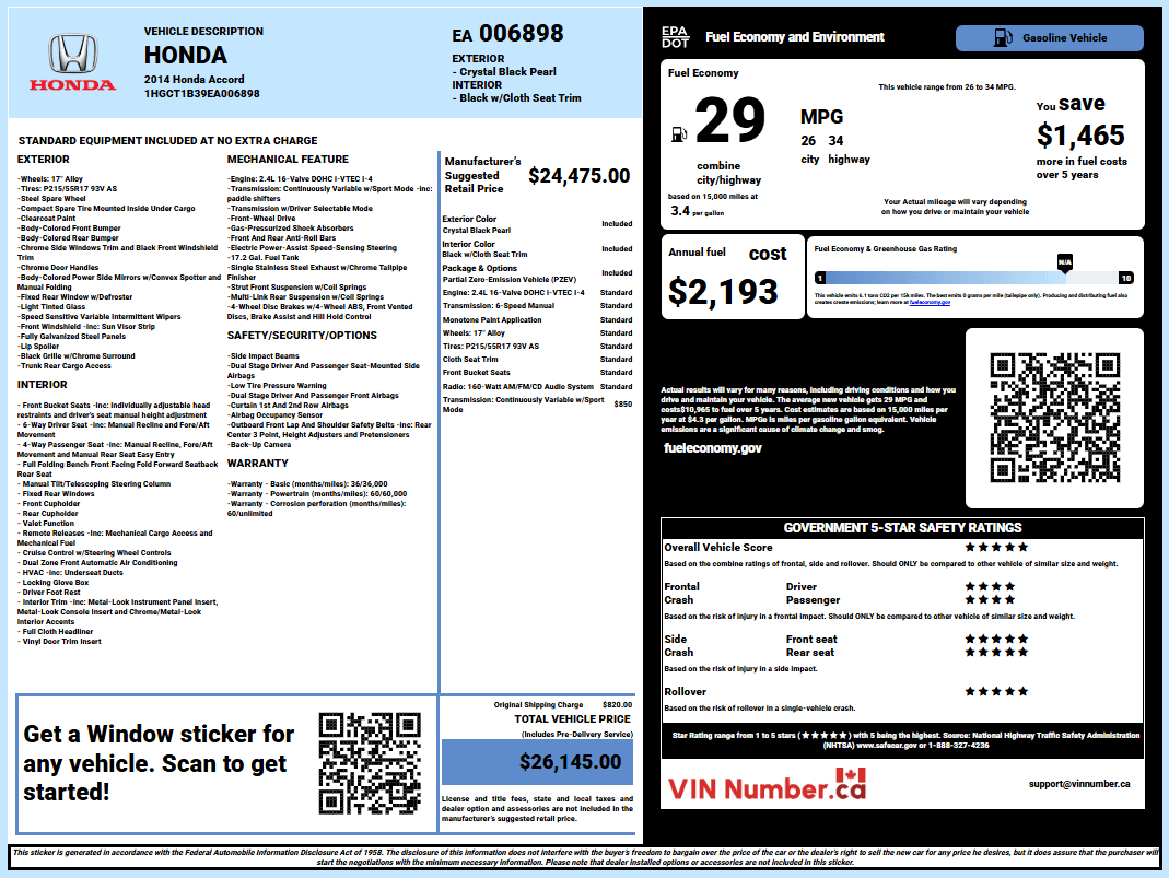 Honda window sticker