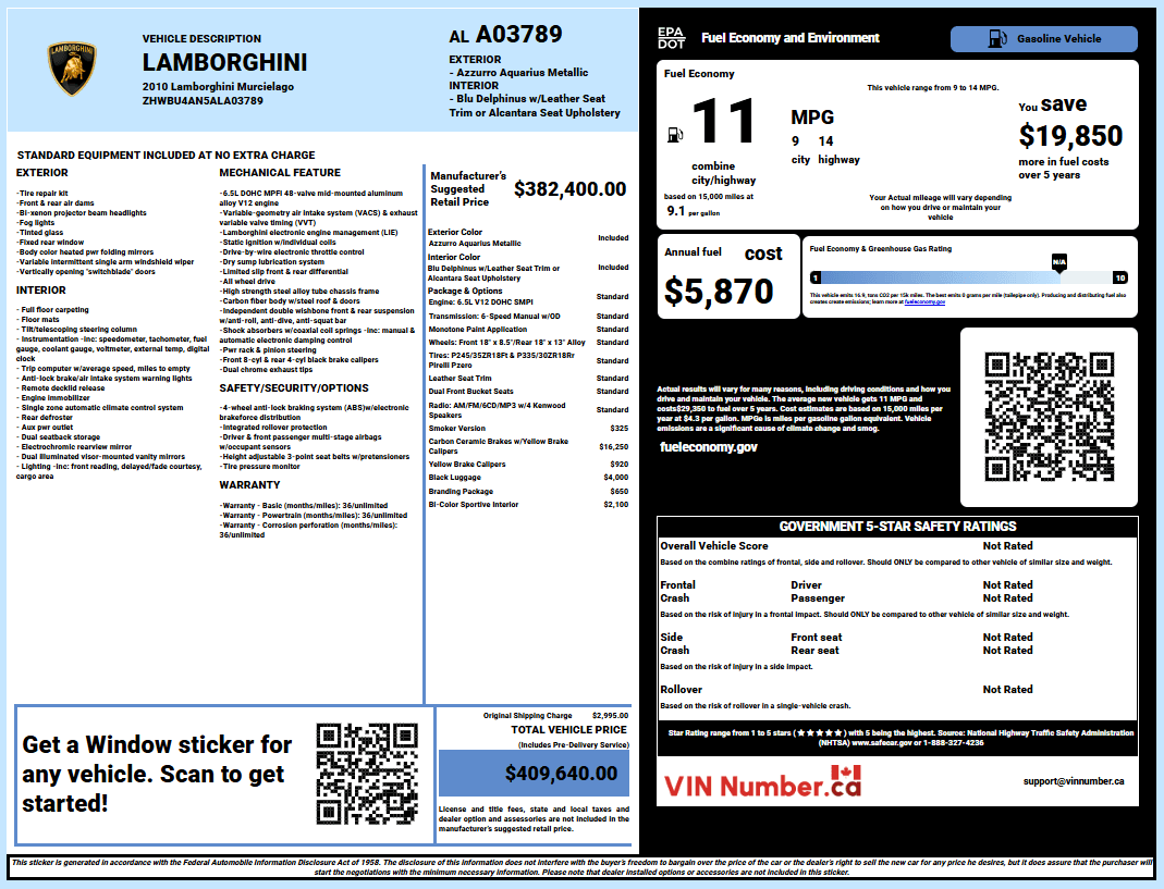 Lamborghini window sticker